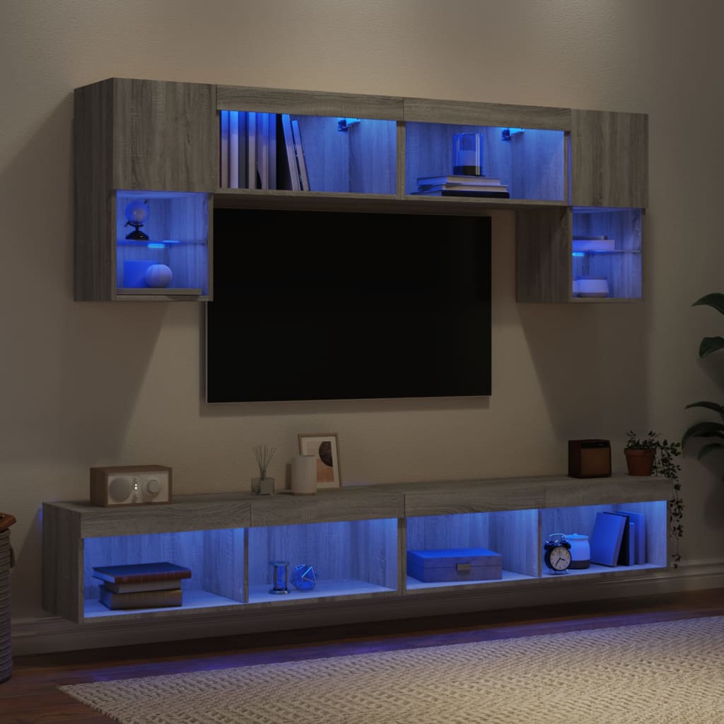 Unités murales TV avec LED 6 pcs gris sonoma bois d'ingénierie
