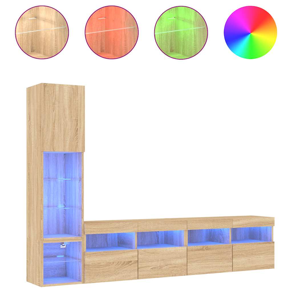 Unités murales TV avec LED 4 pcs chêne sonoma bois d'ingénierie - XIOS