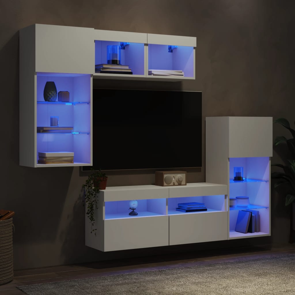 Unités murales TV avec LED 5 pcs blanc bois d'ingénierie - XIOS