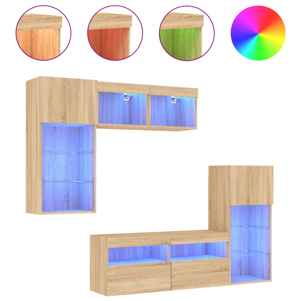 Unités murales TV avec LED 5 pcs chêne sonoma bois d'ingénierie - XIOS