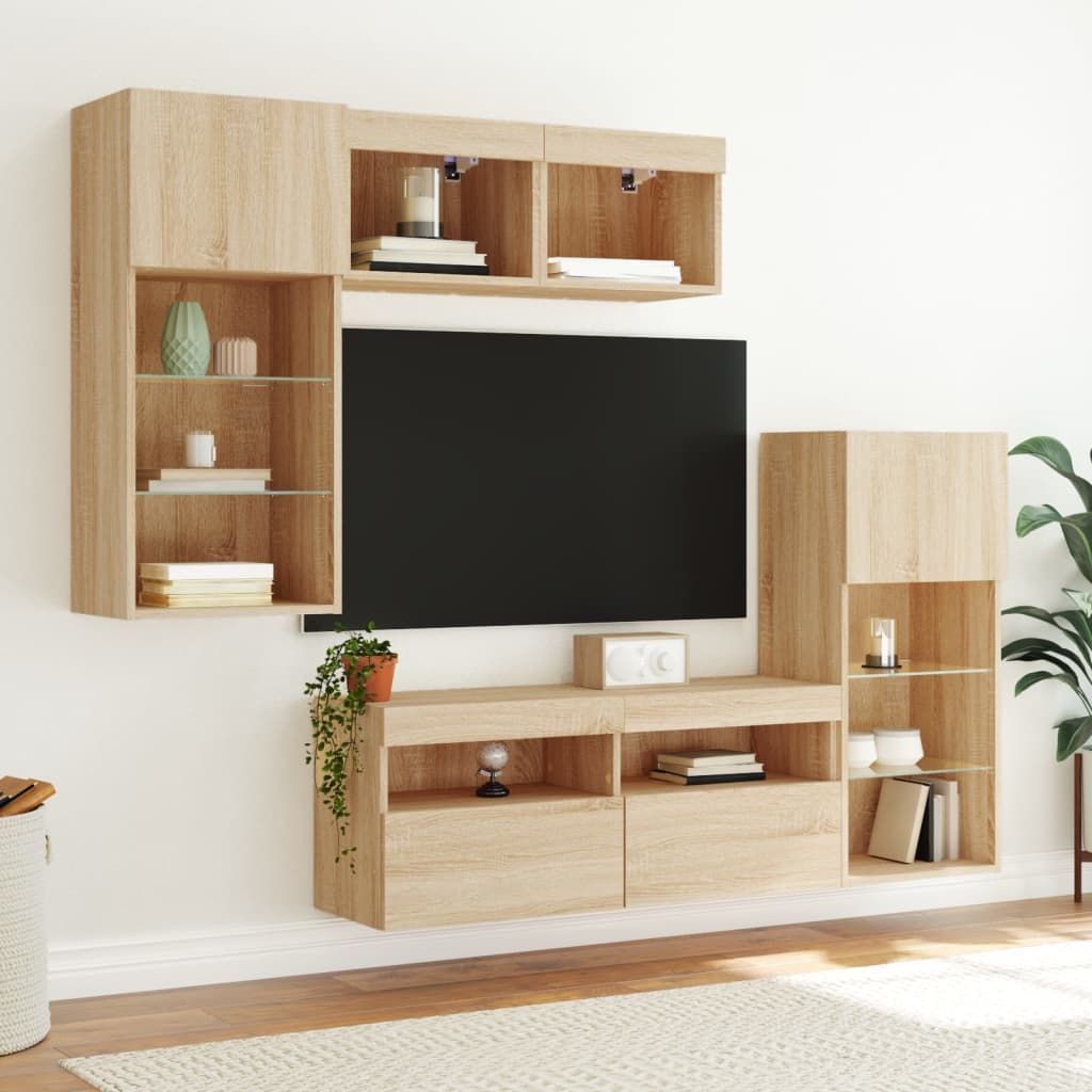 Unités murales TV avec LED 5 pcs chêne sonoma bois d'ingénierie - XIOS