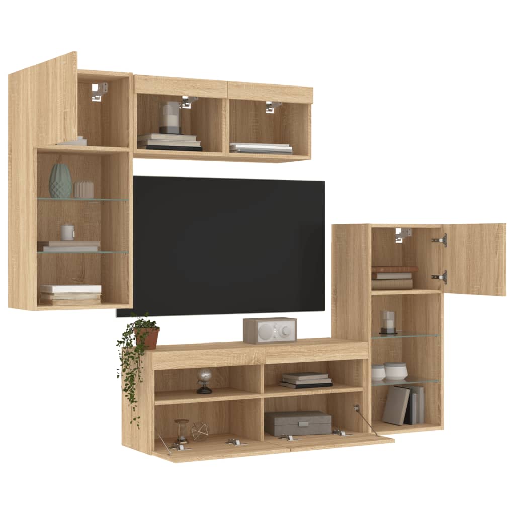 Unités murales TV avec LED 5 pcs chêne sonoma bois d'ingénierie - XIOS