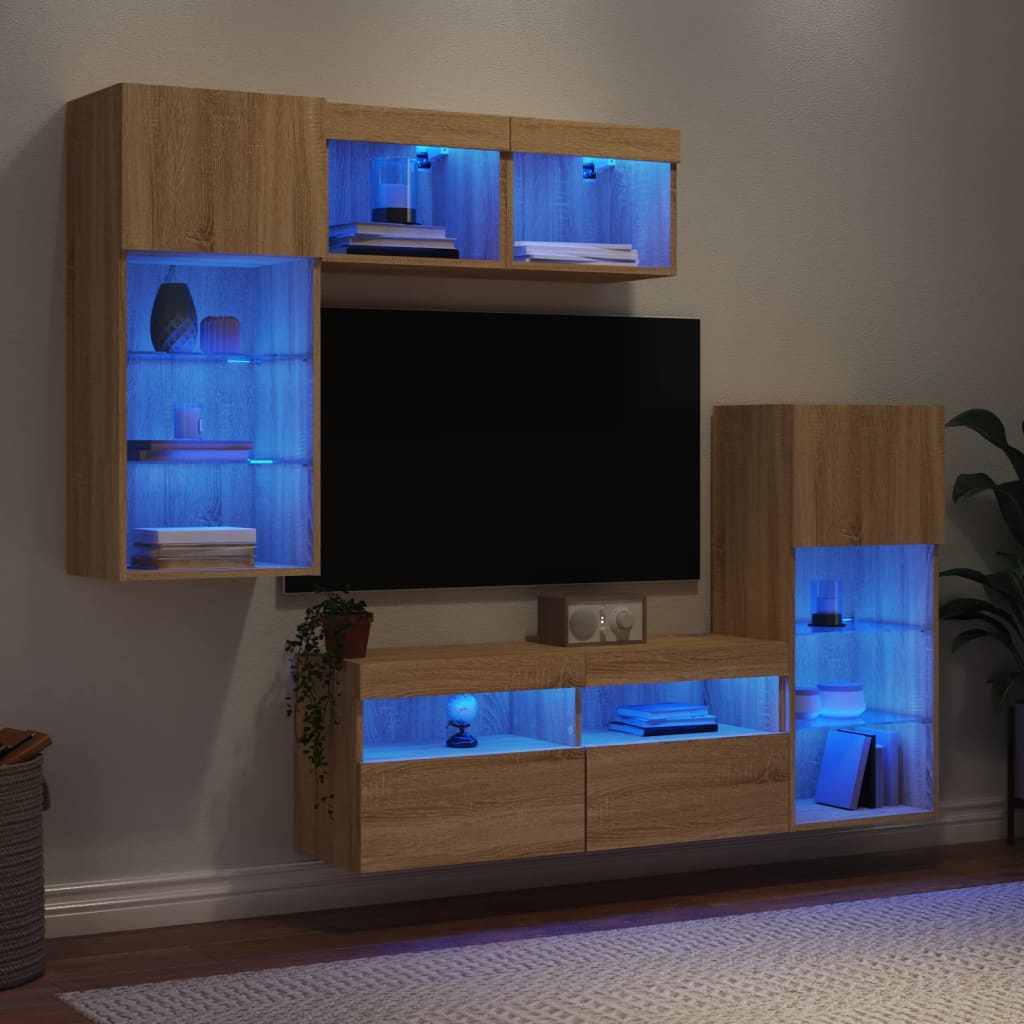 Unités murales TV avec LED 5 pcs chêne sonoma bois d'ingénierie - XIOS
