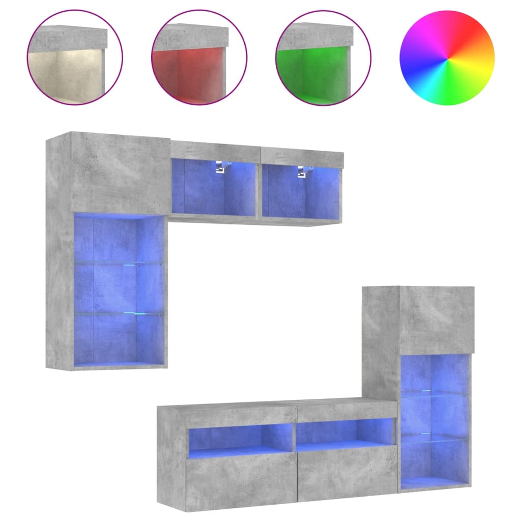 Unités murales TV avec LED 5 pcs gris béton bois d'ingénierie - XIOS