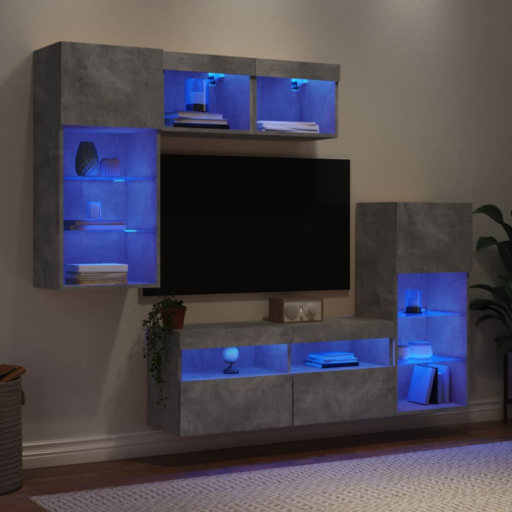 Unités murales TV avec LED 5 pcs gris béton bois d'ingénierie - XIOS