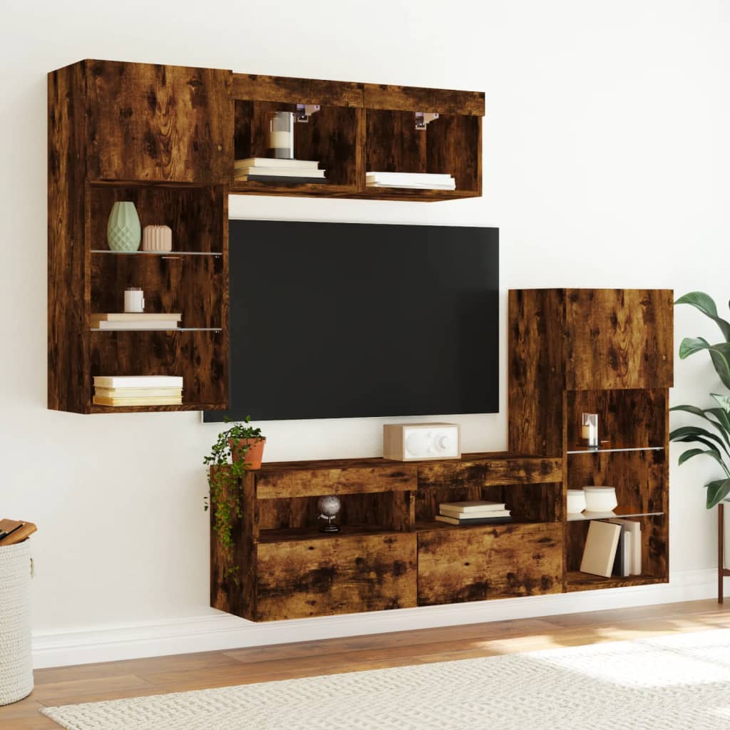 Unités murales TV avec LED 5 pcs chêne fumé bois d'ingénierie - XIOS