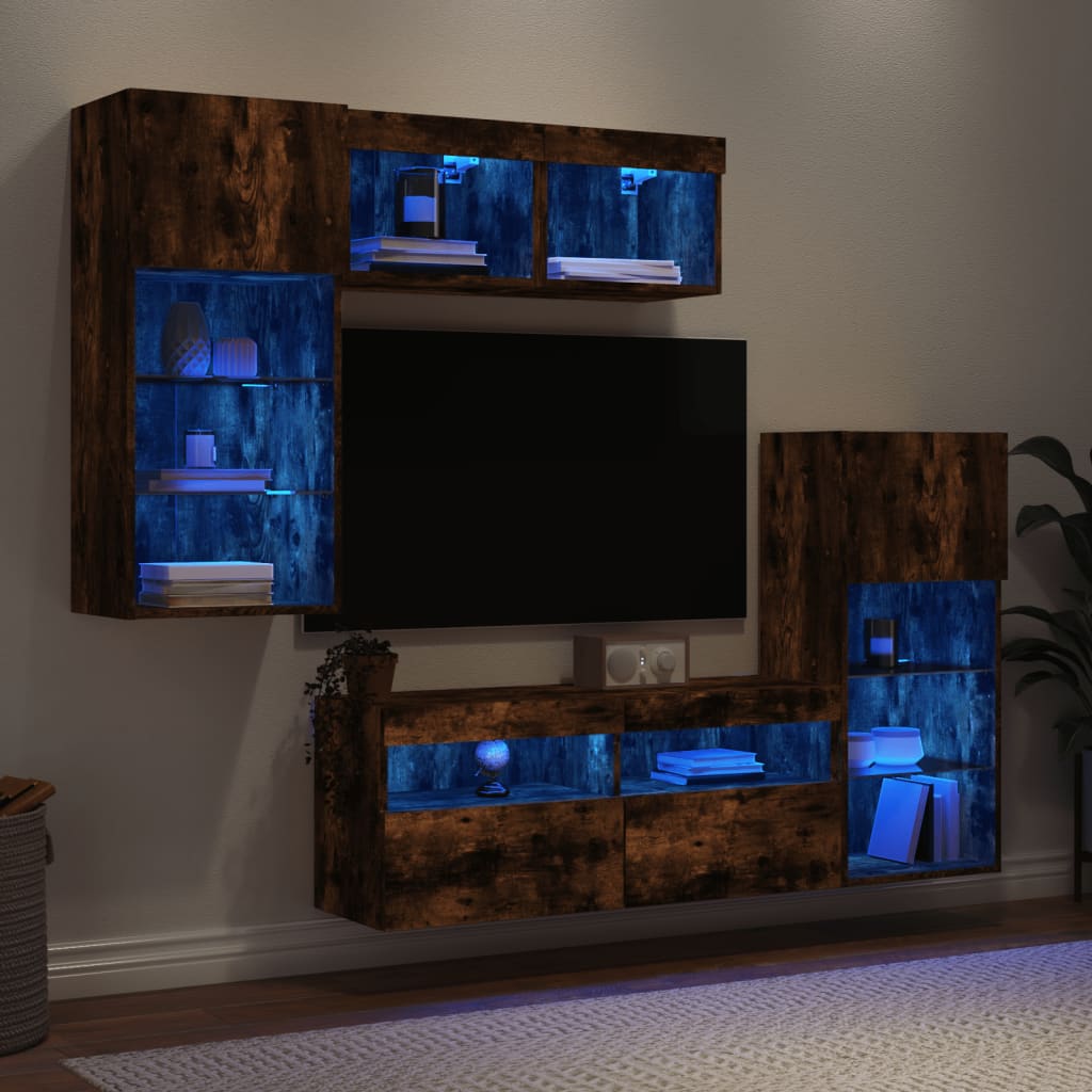 Unités murales TV avec LED 5 pcs chêne fumé bois d'ingénierie - XIOS