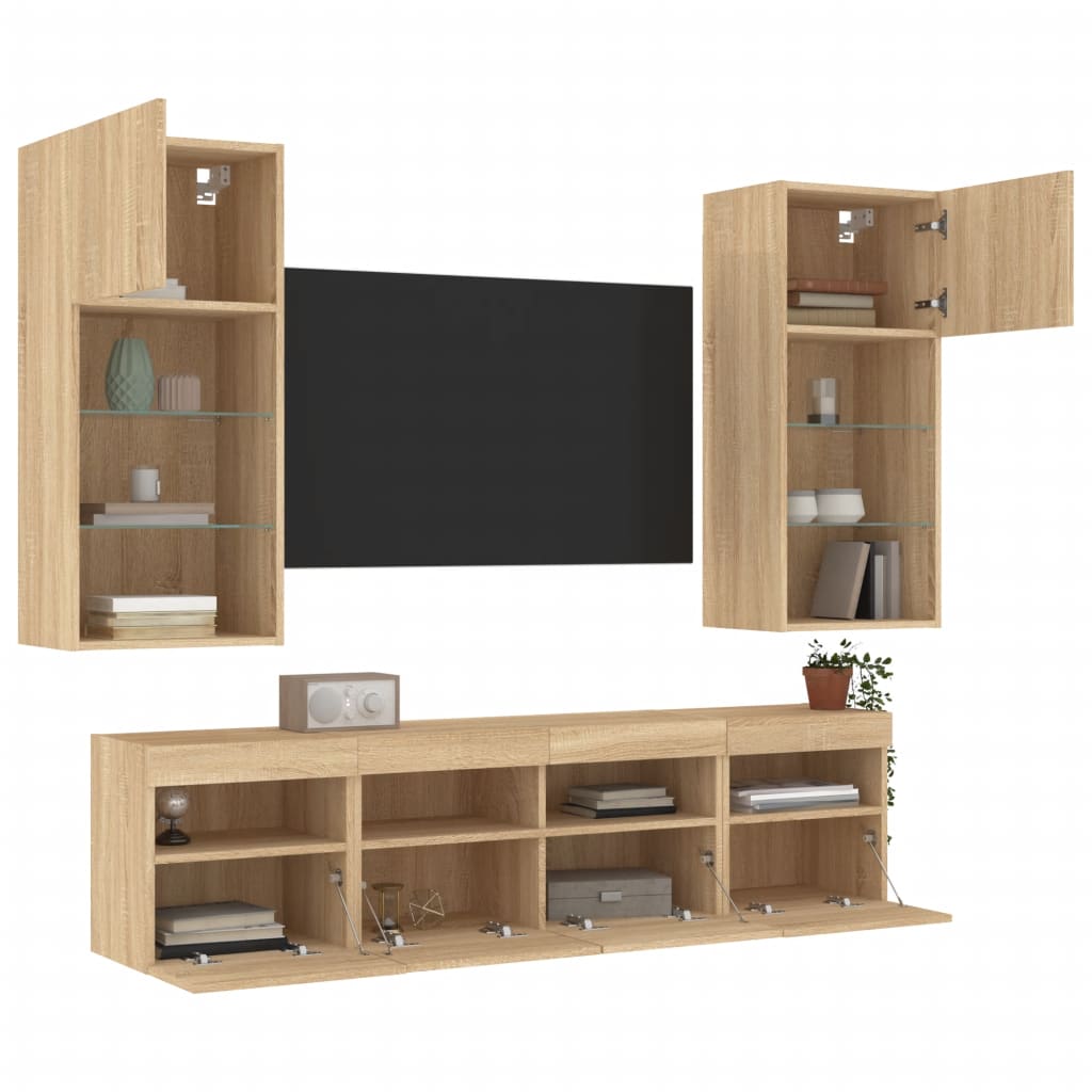 Unités murales TV avec LED 5 pcs chêne sonoma bois d'ingénierie - XIOS