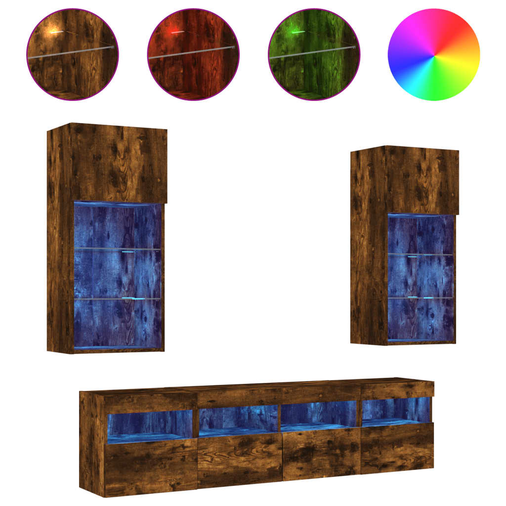 Unités murales TV avec LED 5 pcs chêne fumé bois d'ingénierie