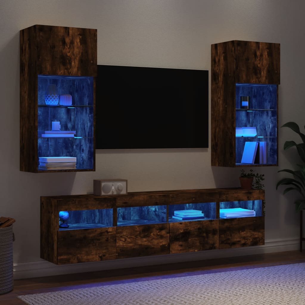 Unités murales TV avec LED 5 pcs chêne fumé bois d'ingénierie