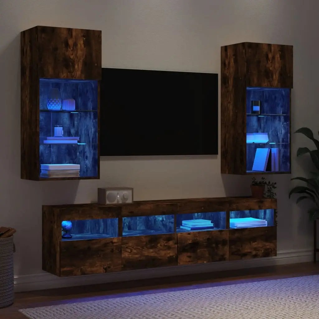 Unités murales TV avec LED 5 pcs chêne fumé bois d’ingénierie - XIOS