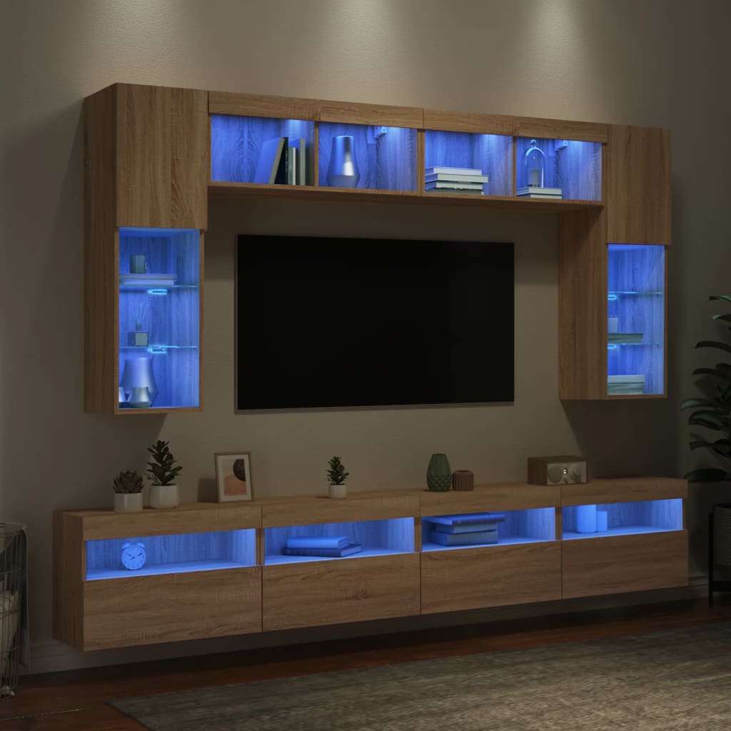 Ensemble de meubles TV muraux 8pcs et lumières LED chêne sonoma - XIOS