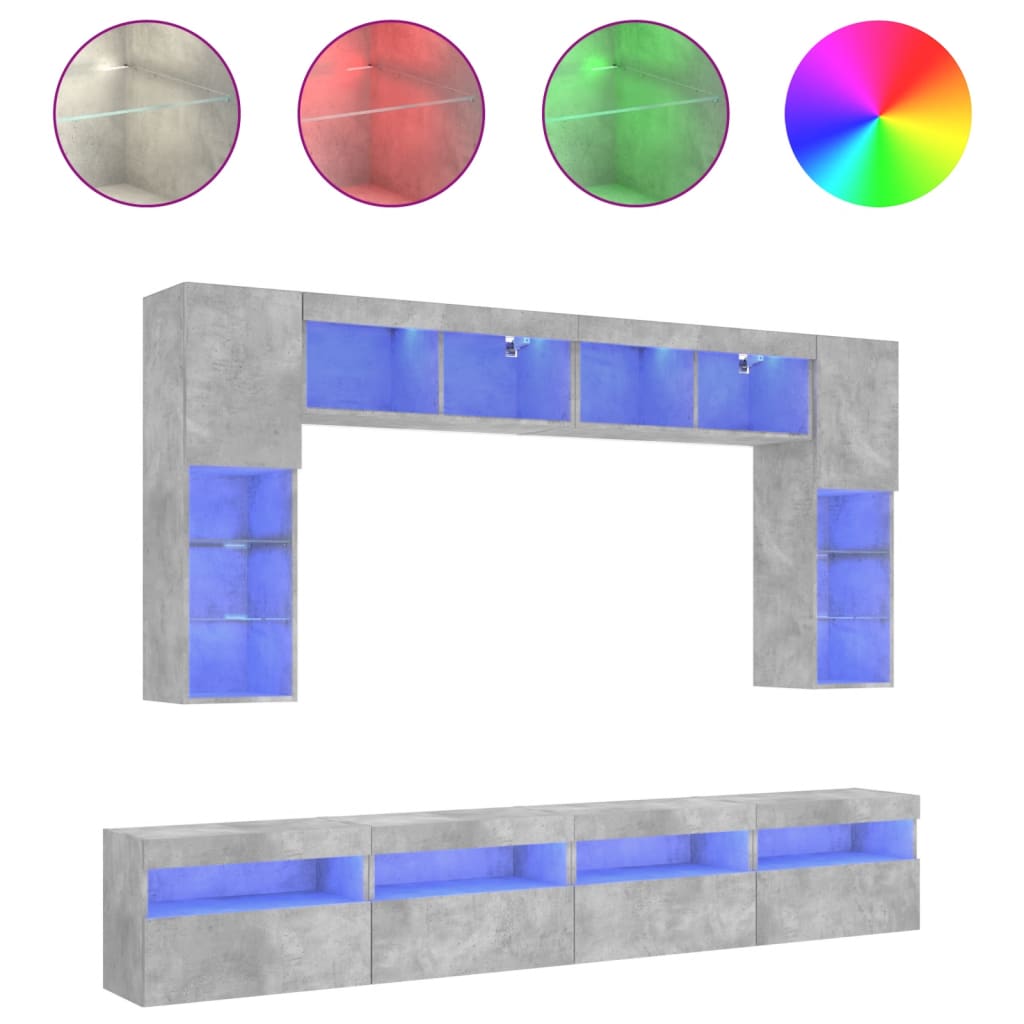 Ensemble de meubles TV muraux 8 pcs et lumières LED gris béton