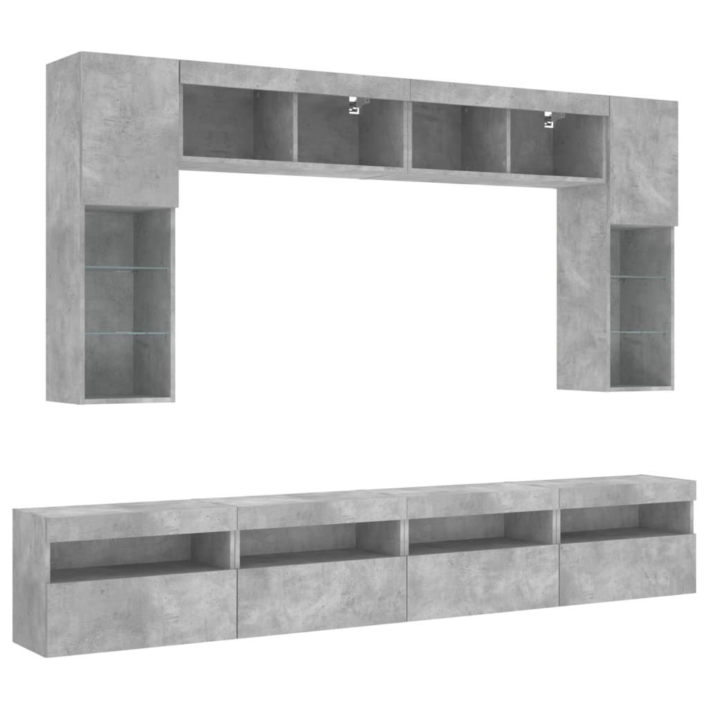 Ensemble de meubles TV muraux 8 pcs et lumières LED gris béton