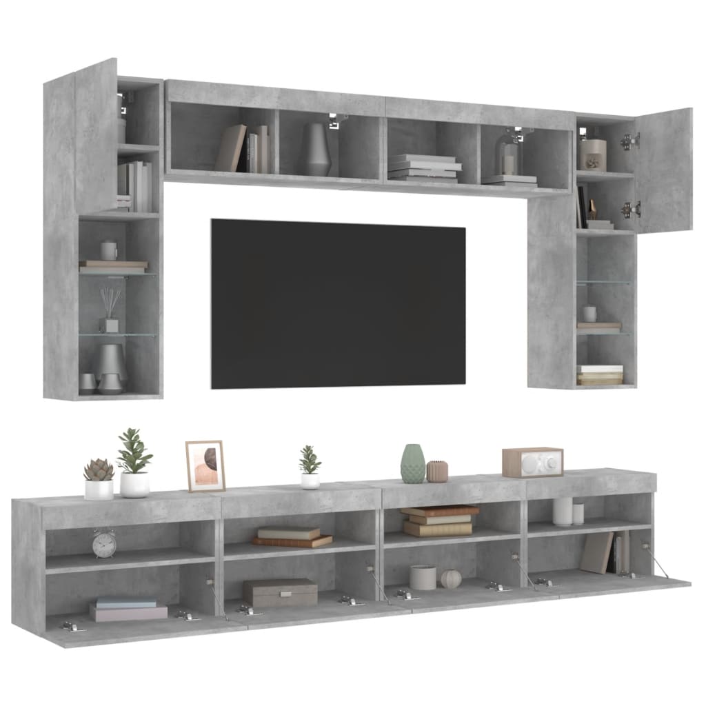 Ensemble de meubles TV muraux 8 pcs et lumières LED gris béton