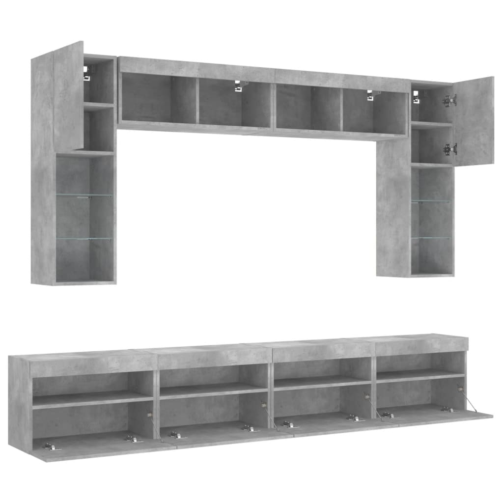 Ensemble de meubles TV muraux 8 pcs et lumières LED gris béton