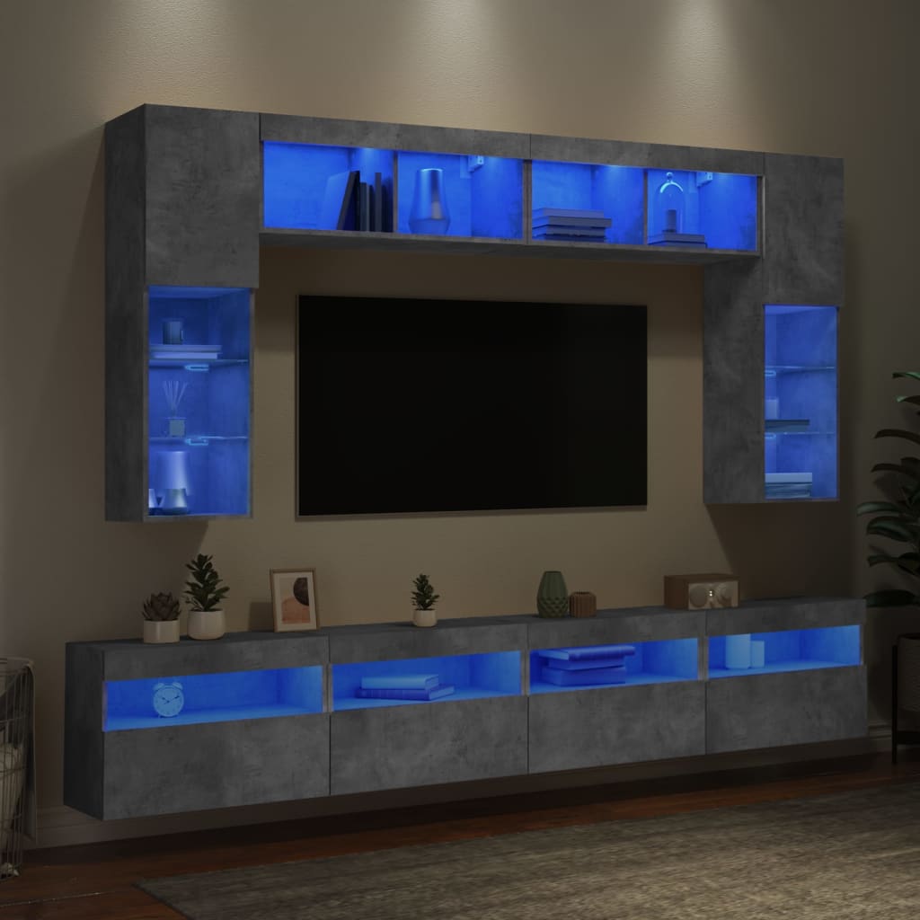 Ensemble de meubles TV muraux 8 pcs et lumières LED gris béton
