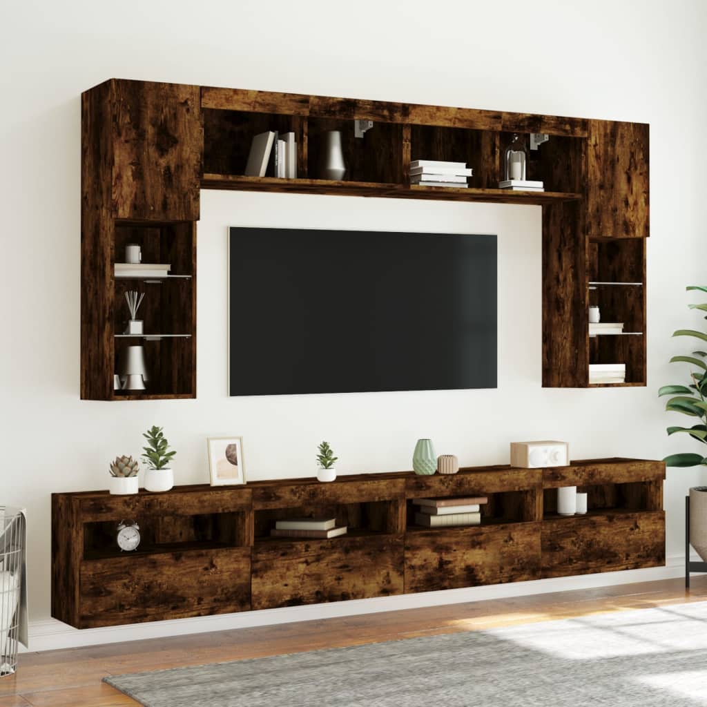 Ensemble de meubles TV muraux 8 pcs et lumières LED chêne fumé - XIOS