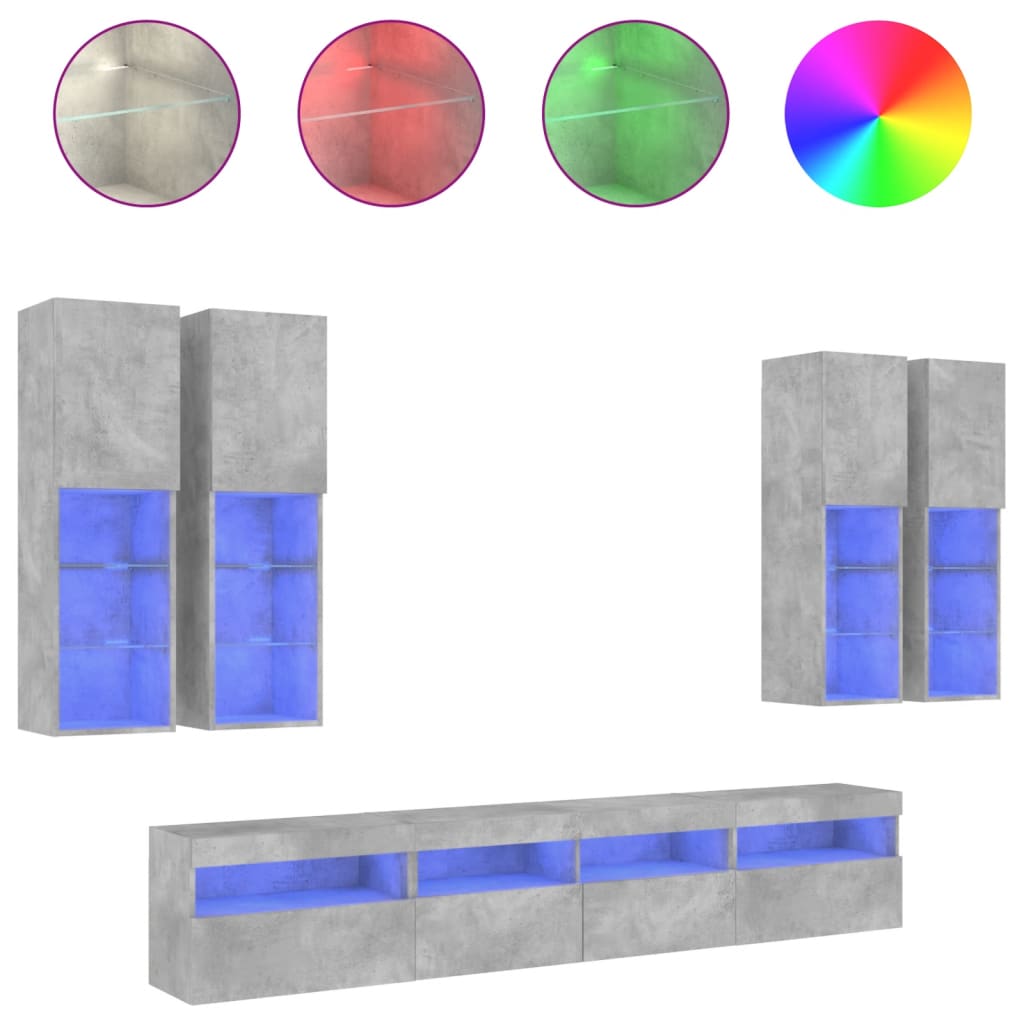 Ensemble de meubles TV muraux 7pcs et lumières LED gris béton