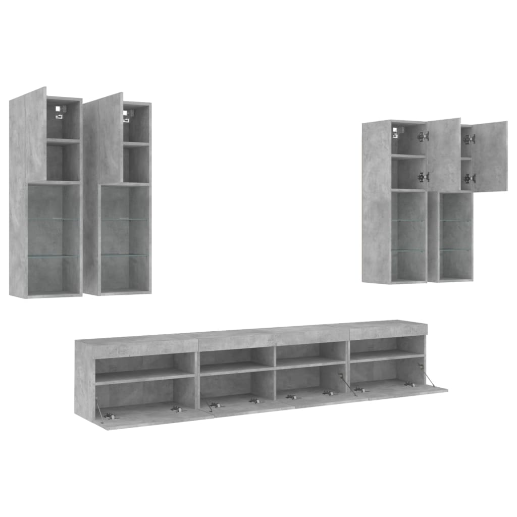 Ensemble de meubles TV muraux 7pcs et lumières LED gris béton