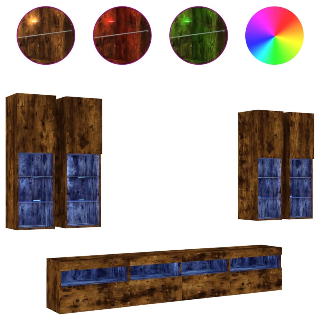 Ensemble de meubles TV muraux 7 pcs et lumières LED chêne fumé