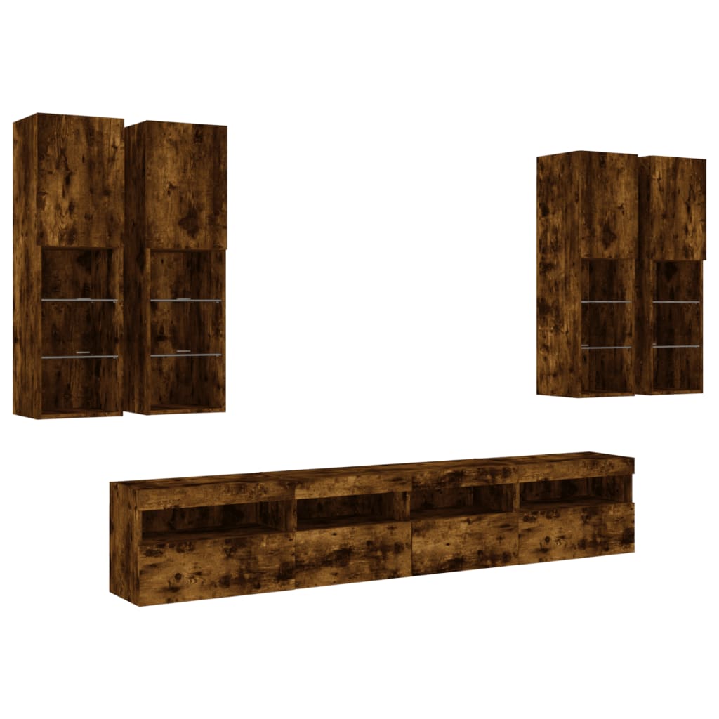 Ensemble de meubles TV muraux 7 pcs et lumières LED chêne fumé