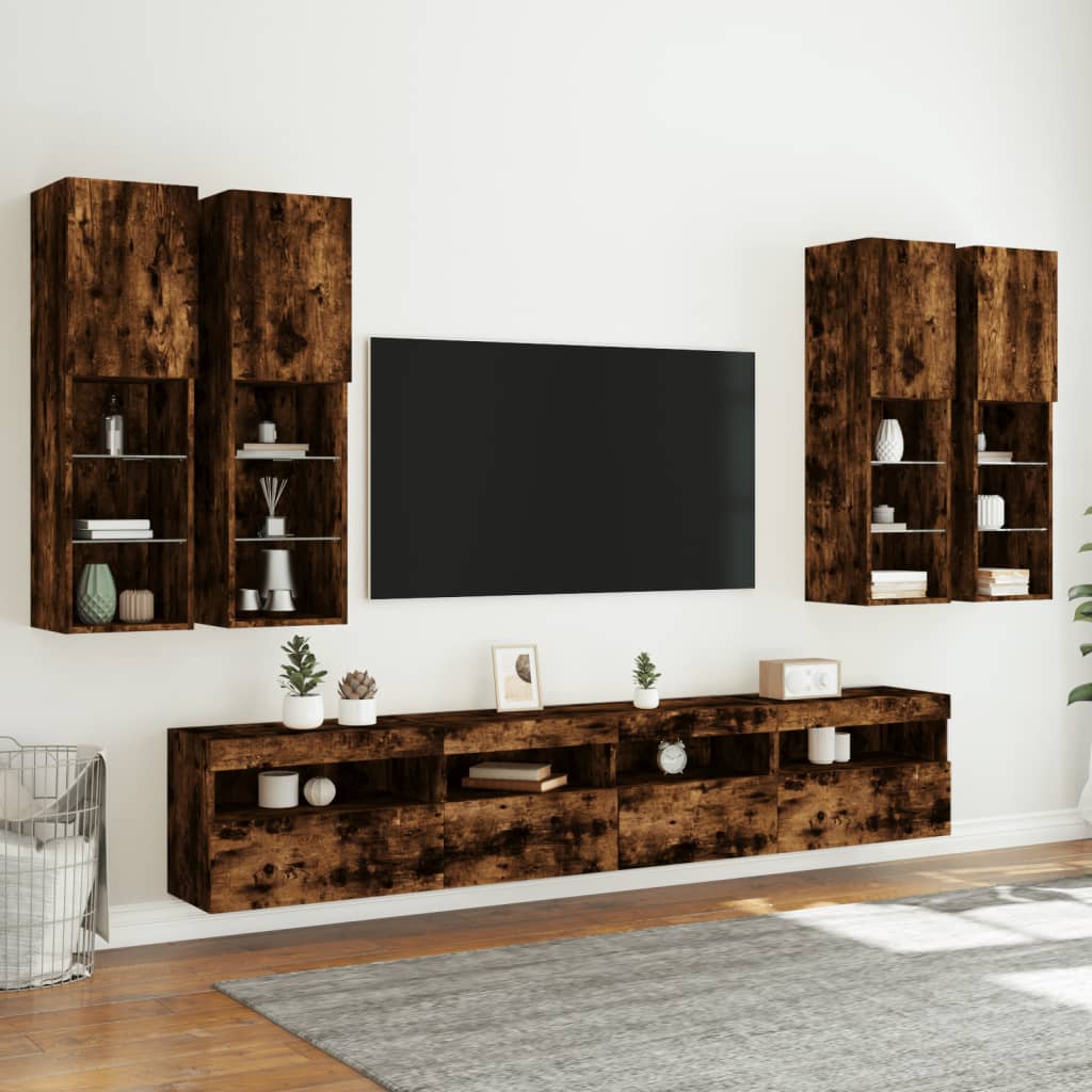 Ensemble de meubles TV muraux 7 pcs et lumières LED chêne fumé