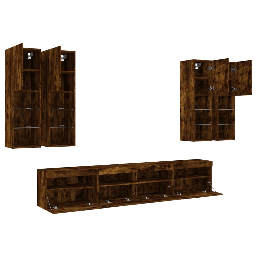 Ensemble de meubles TV muraux 7 pcs et lumières LED chêne fumé