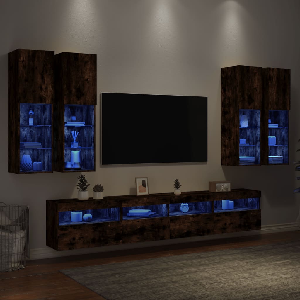Ensemble de meubles TV muraux 7 pcs et lumières LED chêne fumé