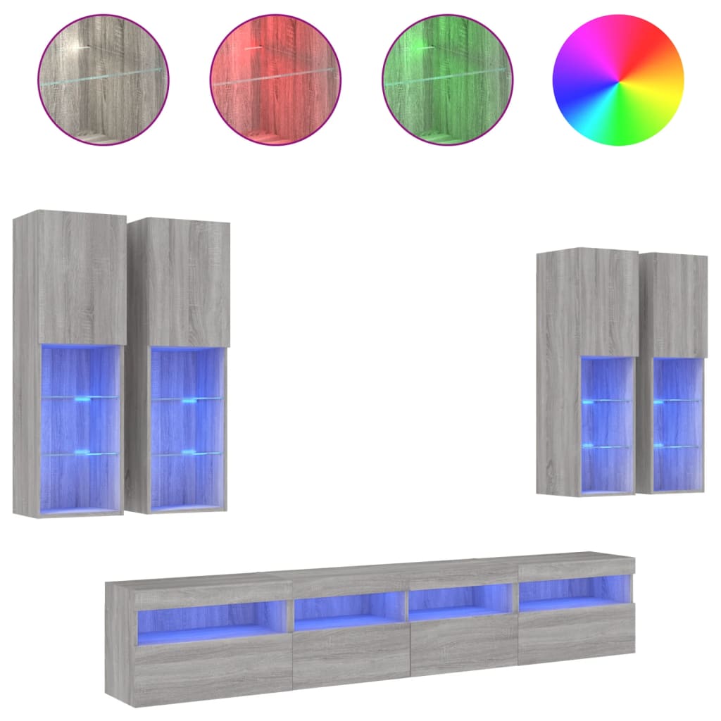 Ensemble de meubles TV muraux 7 pcs et lumières LED sonoma gris
