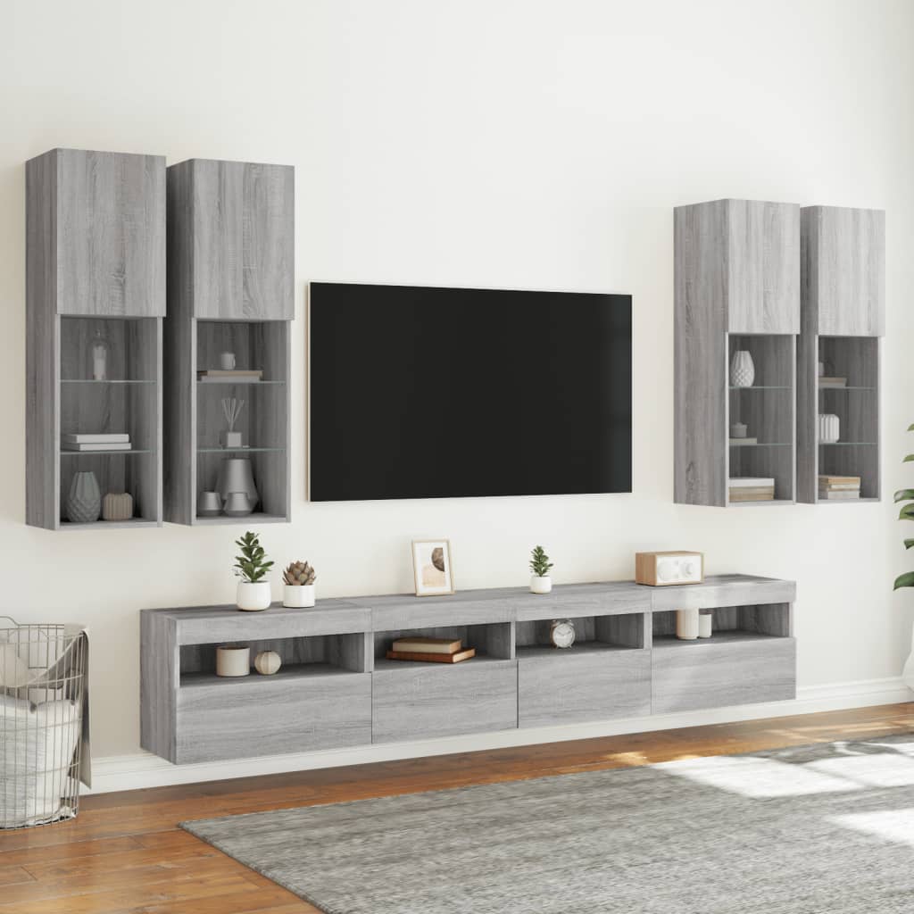 Ensemble de meubles TV muraux 7 pcs et lumières LED sonoma gris