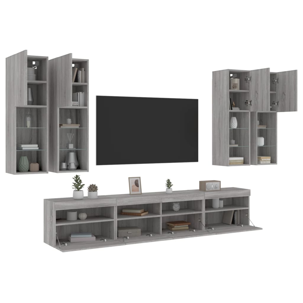 Ensemble de meubles TV muraux 7 pcs et lumières LED sonoma gris