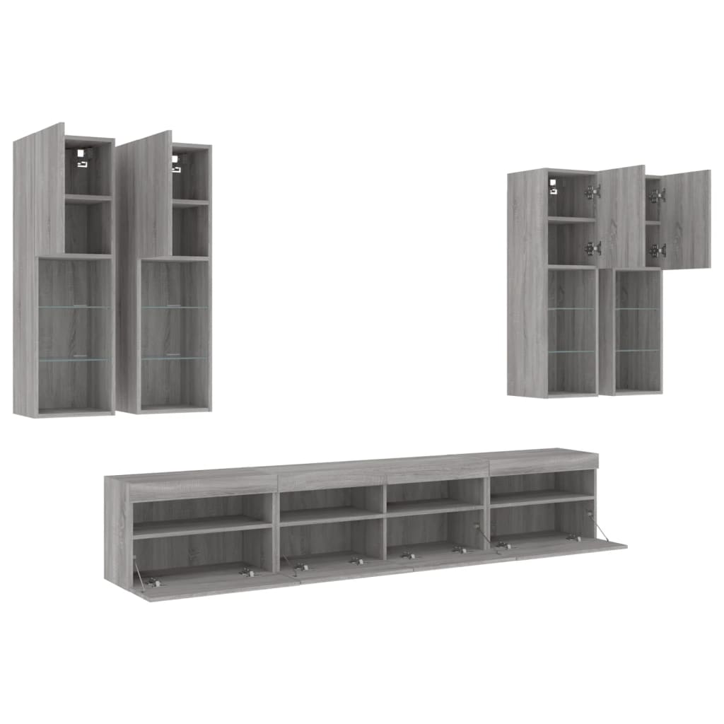 Ensemble de meubles TV muraux 7 pcs et lumières LED sonoma gris