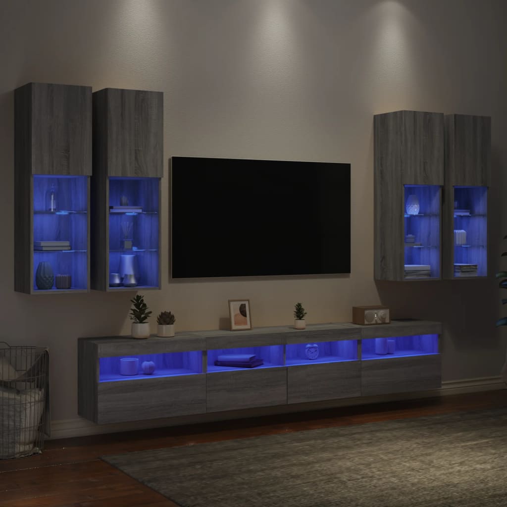 Ensemble de meubles TV muraux 7 pcs et lumières LED sonoma gris