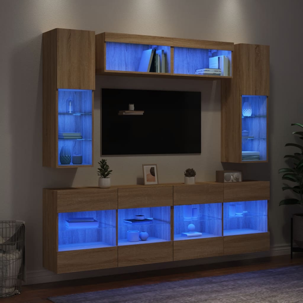 Ensemble de meubles TV muraux 6pcs et lumières LED chêne sonoma
