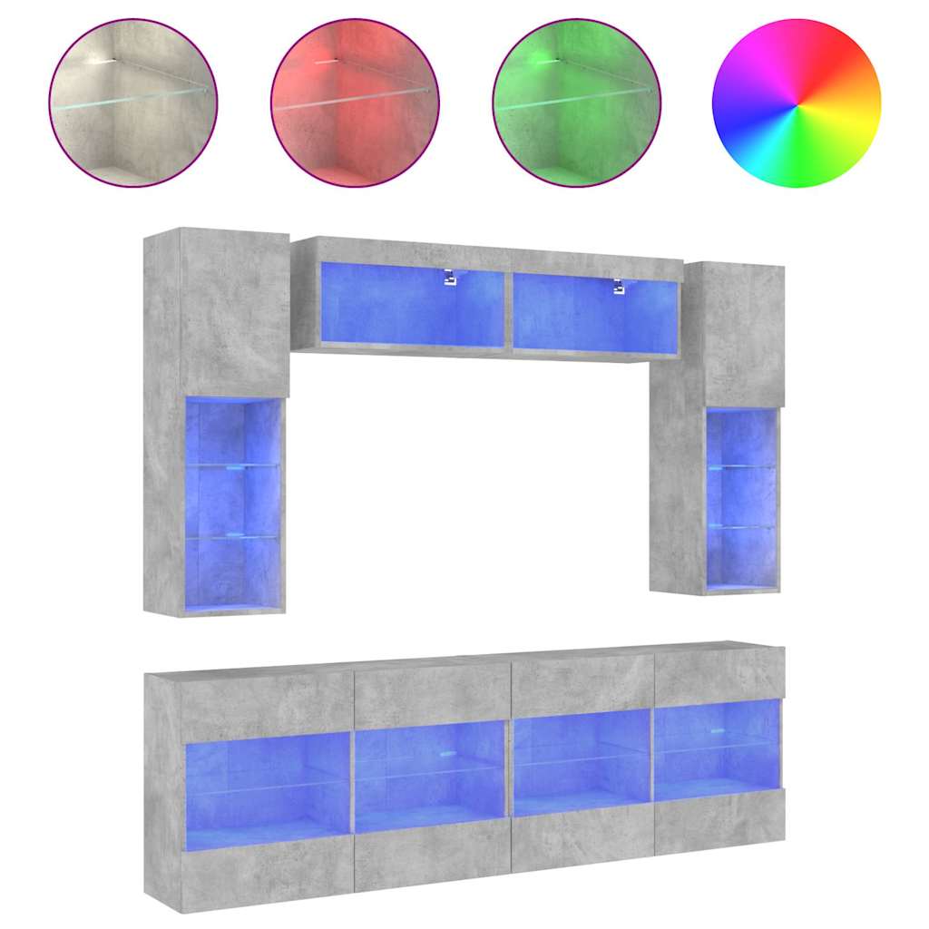 Ensemble de meubles TV muraux 6pcs et lumières LED gris béton