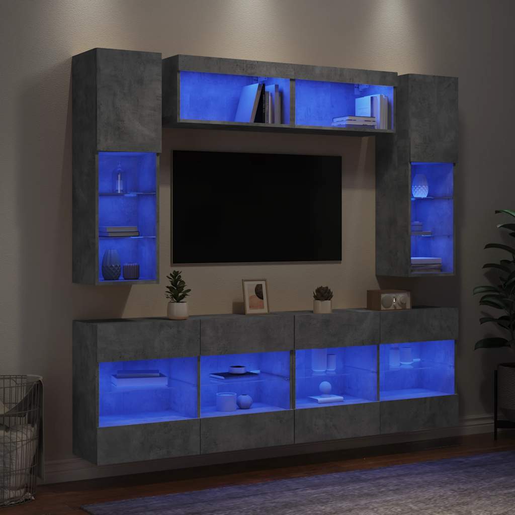 Ensemble de meubles TV muraux 6pcs et lumières LED gris béton