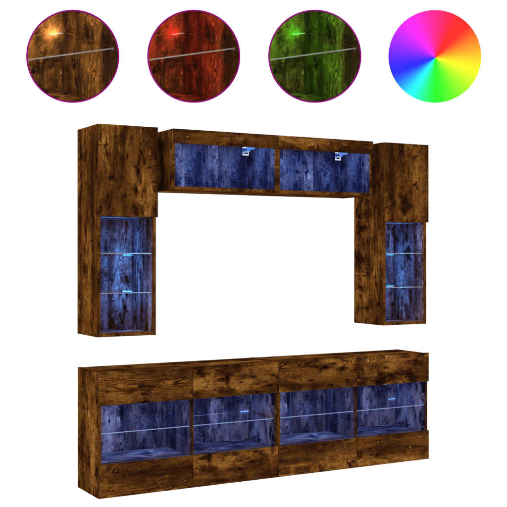 Ensemble de meubles TV muraux 6pcs et lumières LED chêne fumé - XIOS