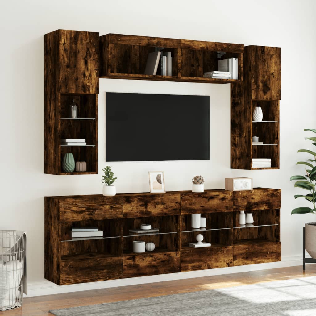 Ensemble de meubles TV muraux 6pcs et lumières LED chêne fumé - XIOS