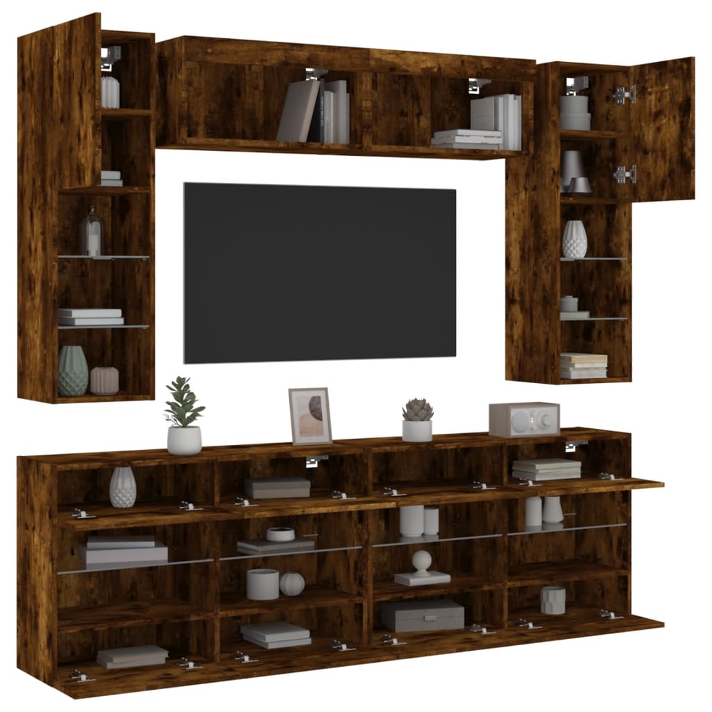 Ensemble de meubles TV muraux 6pcs et lumières LED chêne fumé - XIOS
