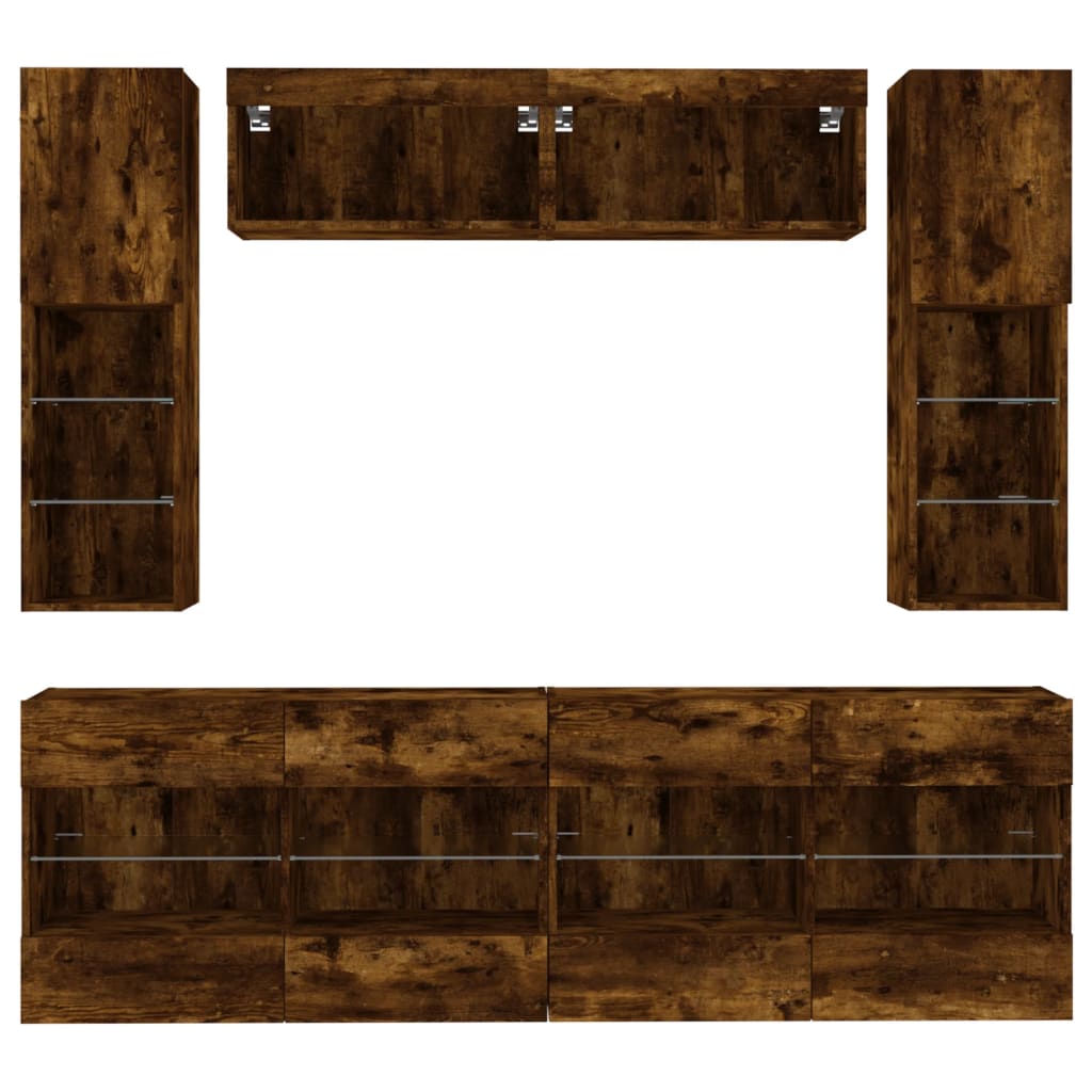 Ensemble de meubles TV muraux 6pcs et lumières LED chêne fumé - XIOS