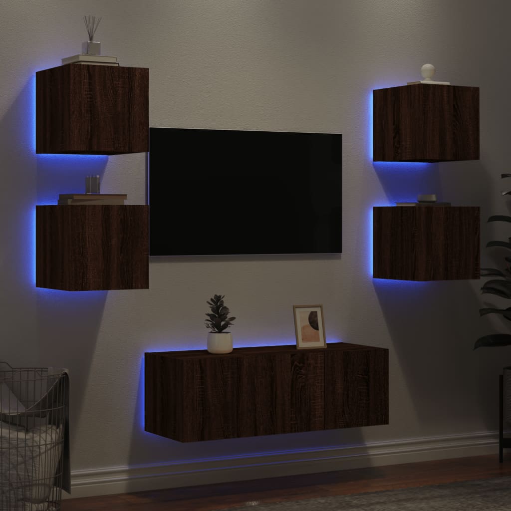 Unités murales TV avec LED 6 pcs chêne marron bois d'ingénierie - XIOS