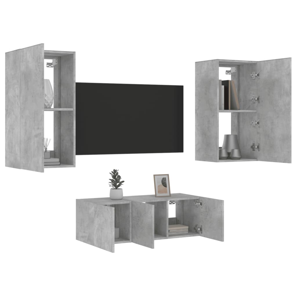 Unités murales TV avec LED 4 pcs gris béton bois d'ingénierie - XIOS
