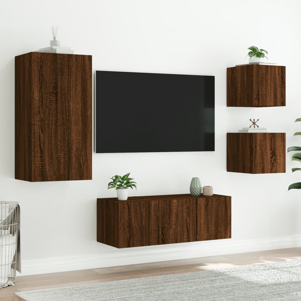 Unités murales TV avec LED 5 pcs chêne marron bois d'ingénierie - XIOS