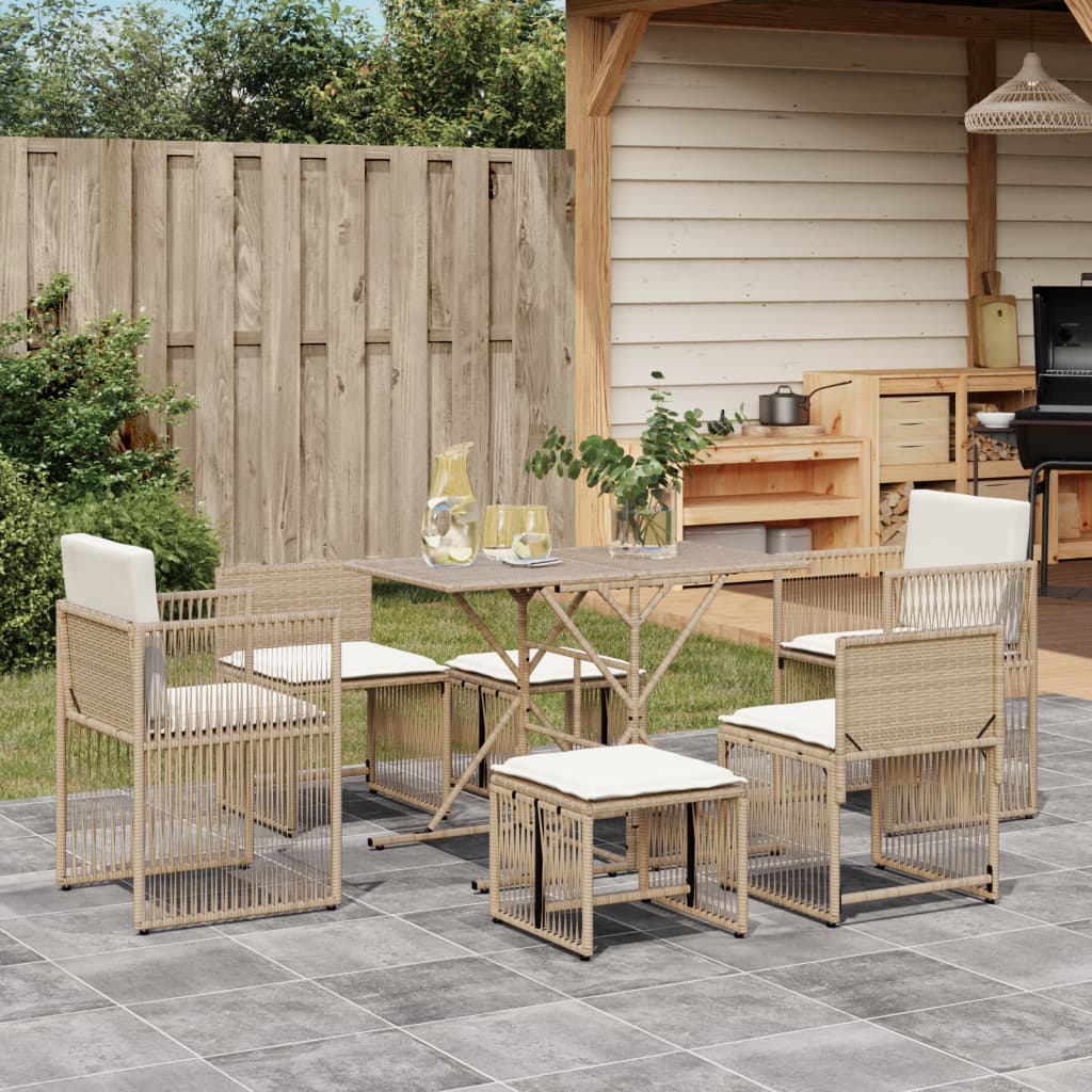 Ensemble à manger de jardin et coussins 7 pcs beige poly rotin - XIOS