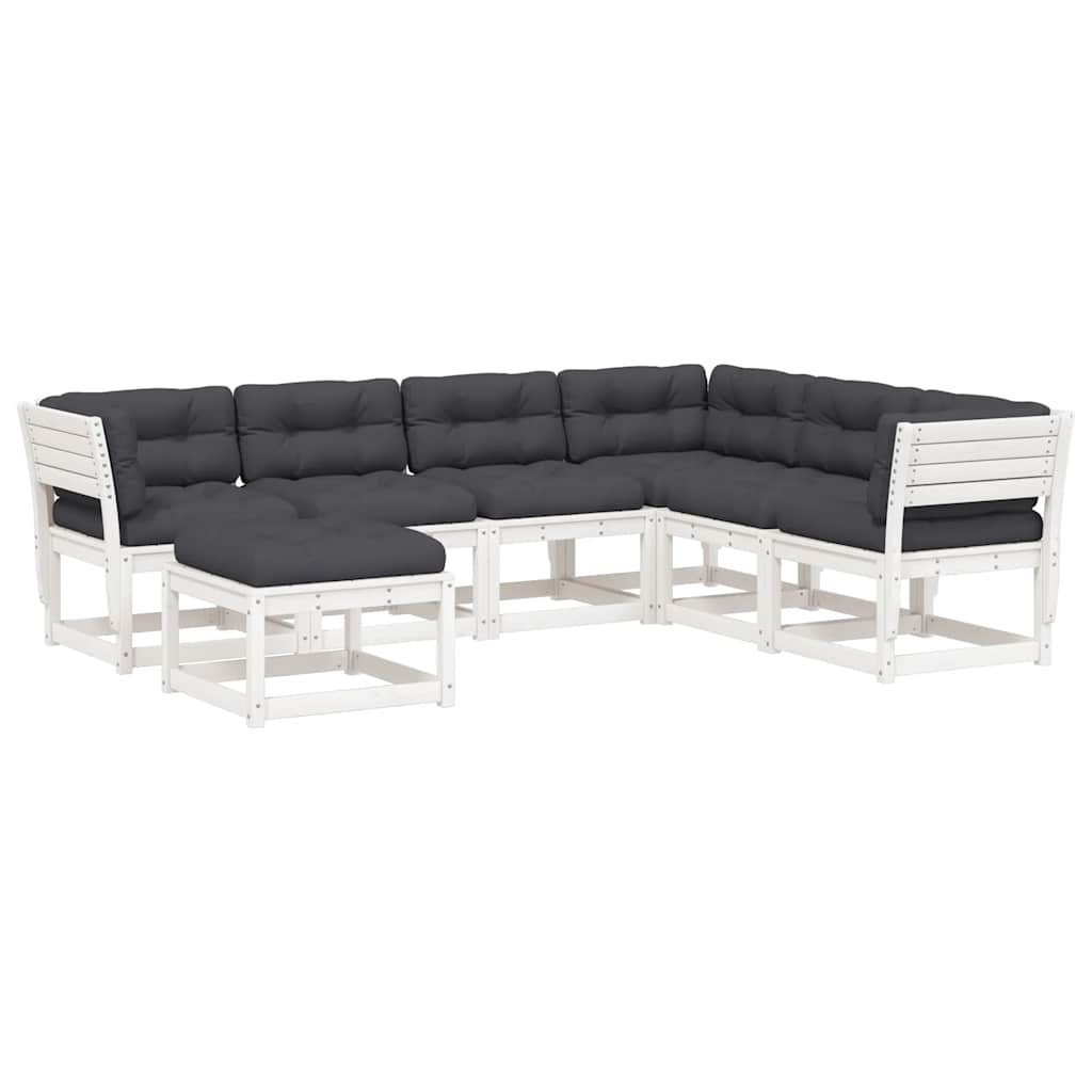 Salon de jardin 7 pcs avec coussins blanc bois de pin massif