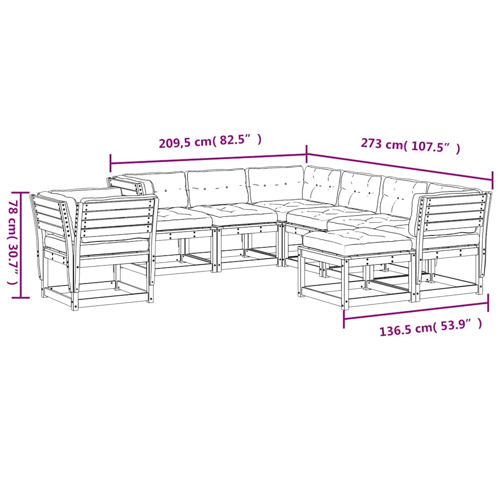 Salon de jardin 8 pcs avec coussins Bois de pin massif