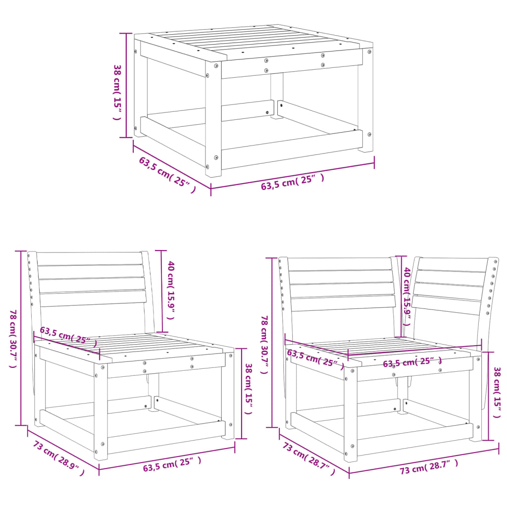 Salon de jardin 5 pcs blanc bois massif de pin