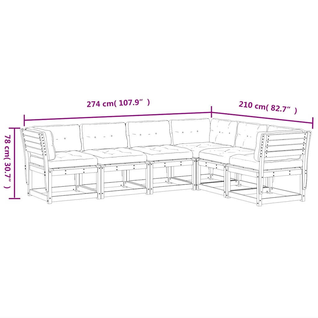 Salon de jardin 6 pcs avec coussins cire marron bois pin massif