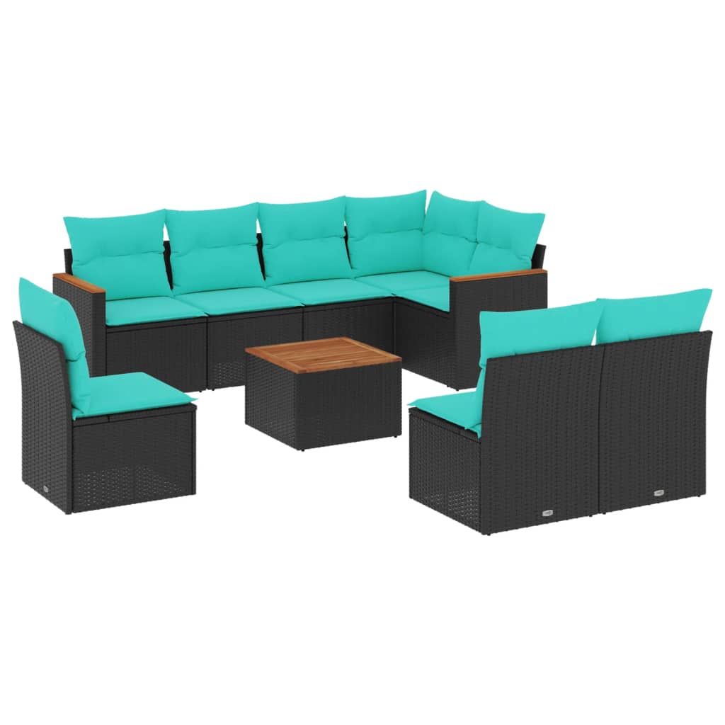 Ensemble de canapé de jardin 9 pcs avec coussins noir résine tressée